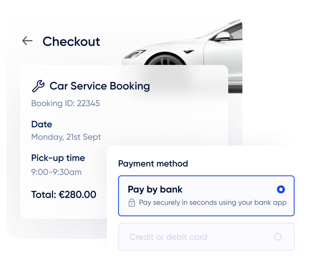 Car service booking checkout screen with booking details and total €280, highlighting secure open banking payment option ‘Pay by bank’ for fast and seamless car service payments, with credit card option unavailable.