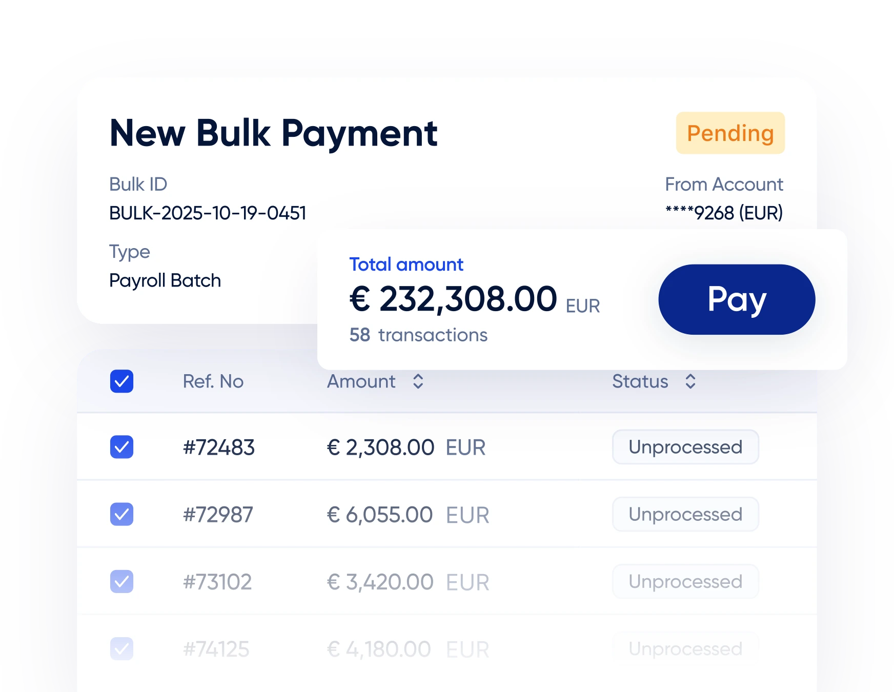 Bulk payments dashboard for businesses showing payroll batch transactions, illustrating automated fintech solution for secure, fast, and scalable business payments processing
