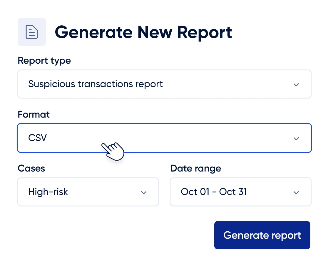 UI panel for AML report generation with CSV export options
