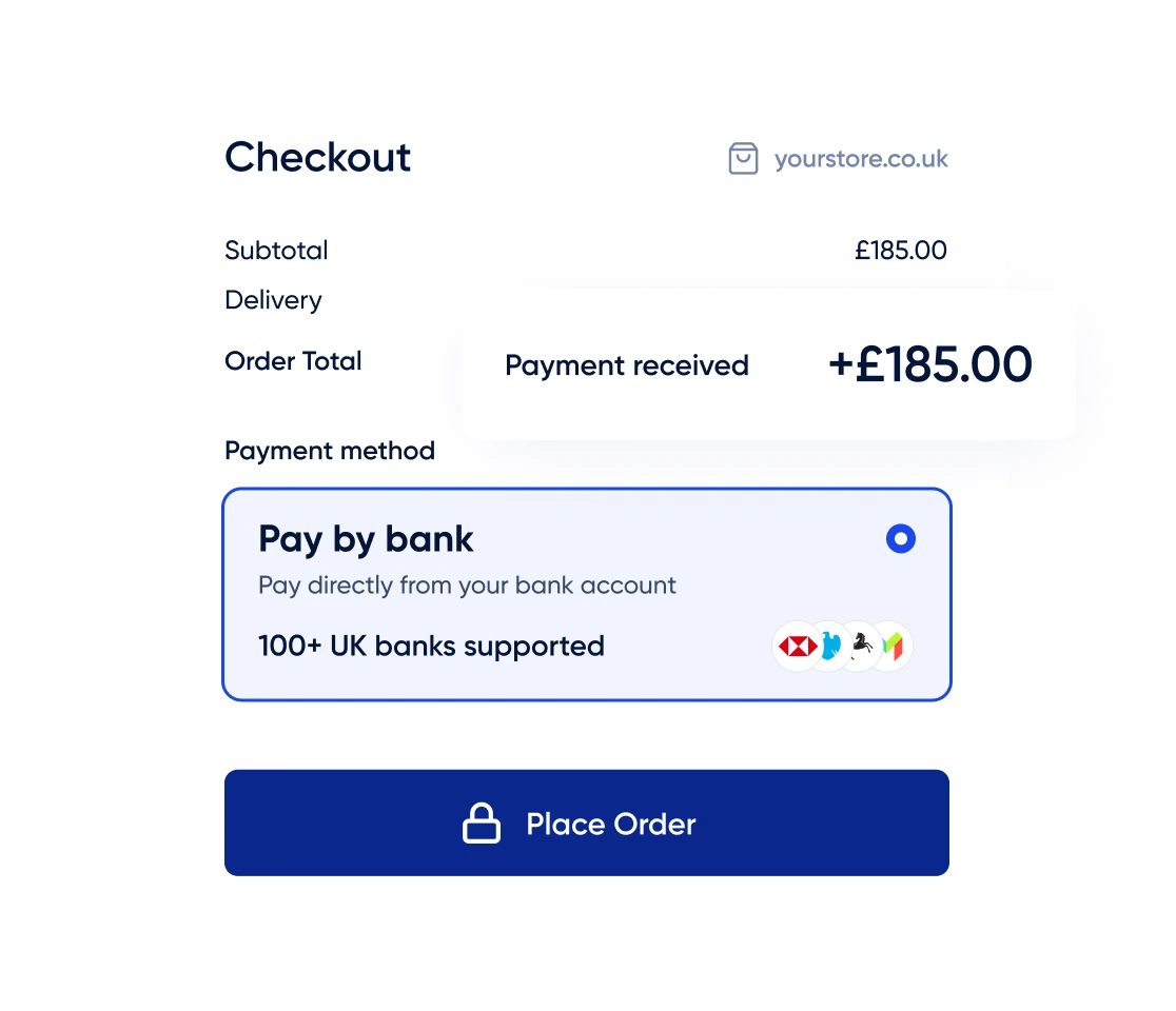 Salt Edge Pay by Bank checkout showing an instant £185 account-to-account payment with support for 40+ UK banks.
