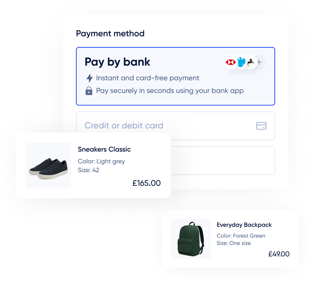 Checkout screen showing card-free 'Pay by bank' option for secure open banking payments. Highlights frictionless checkout, real-time buyer verification, and instant refunds to help e-commerce businesses boost conversions.