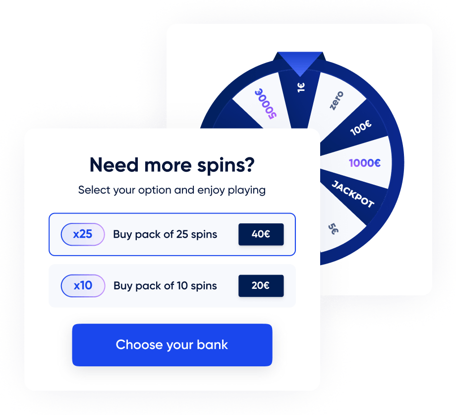 iGaming interface showing a wheel of fortune game with an option to buy additional spins. Players can purchase spin packs and pay directly through their bank using open banking, enabling fast, secure, and card-free top-ups for a smoother gaming experience.