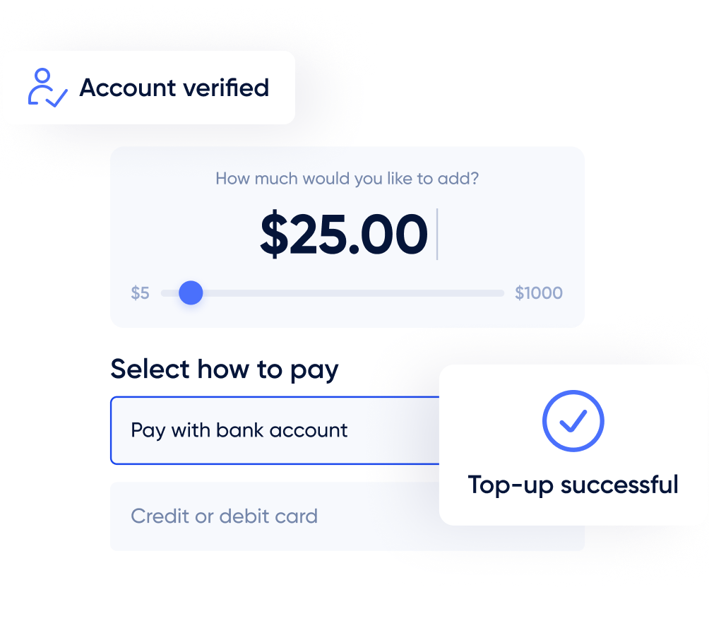 iGaming payment interface showing $25 top-up, account verification, and successful payment message alongside text highlighting instant payouts, secure deposits, fraud prevention, and simplified player onboarding.