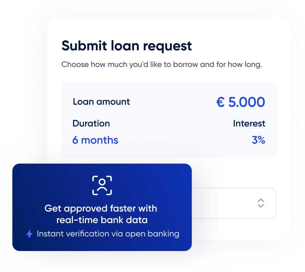 Loan request form for €5,000 over 6 months at 3% interest, featuring open banking integration for instant verification and faster approval using real-time bank data — ideal for digital lending and automated credit checks.