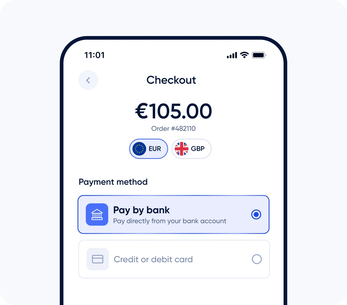 Pay by bank checkout screen showing €105 payment and open banking payment method selection
