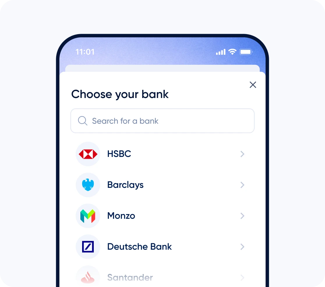 Open banking pay by bank flow showing mobile bank selection from 2700+ supported banks