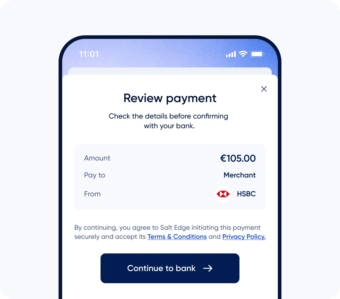 Pay by bank review payment screen for confirming secure open banking payment details
