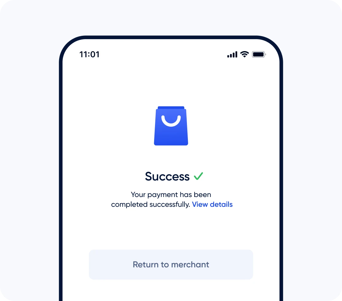 Successful pay by bank payment confirmation screen with instant open banking payment completed