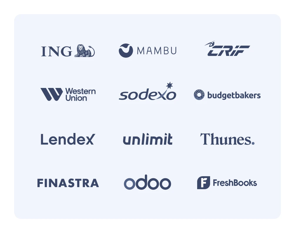 Logos of companies using Salt Edge, including ING, Mambu, Western Union, Sodexo, Odoo, FreshBooks, and others.