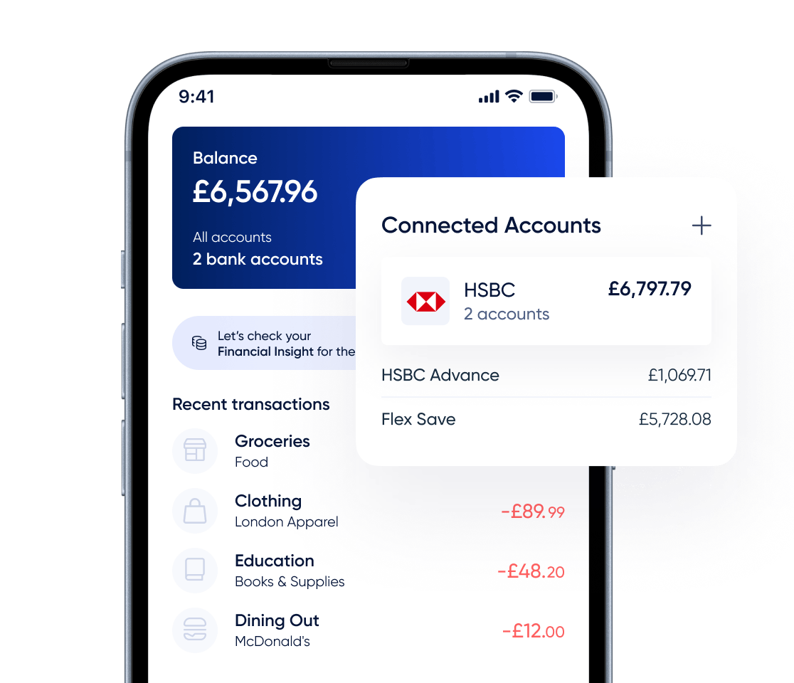 Mobile banking interface displaying connected accounts. The screen shows an overview of total balance, linked HSBC accounts, and categorized recent transactions such as groceries, clothing, education, and dining. The design illustrates how open banking consolidates multiple accounts and spending insights into a single view for easier financial management.