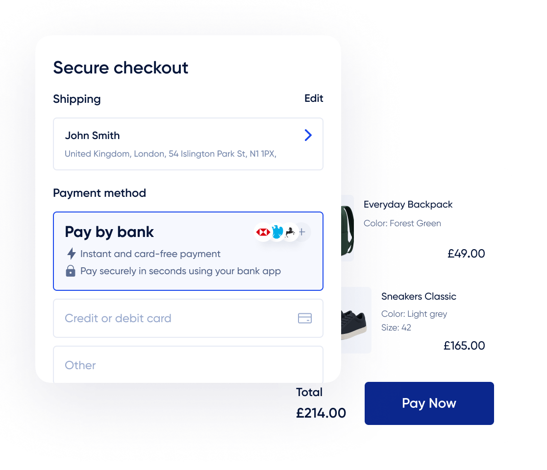 E-commerce checkout interface showing open banking as a payment option. Customers can pay instantly and securely through their bank app without cards, enabling frictionless checkout, real-time buyer verification, and faster refunds. This use case illustrates how open banking is reshaping payment services in online shopping.