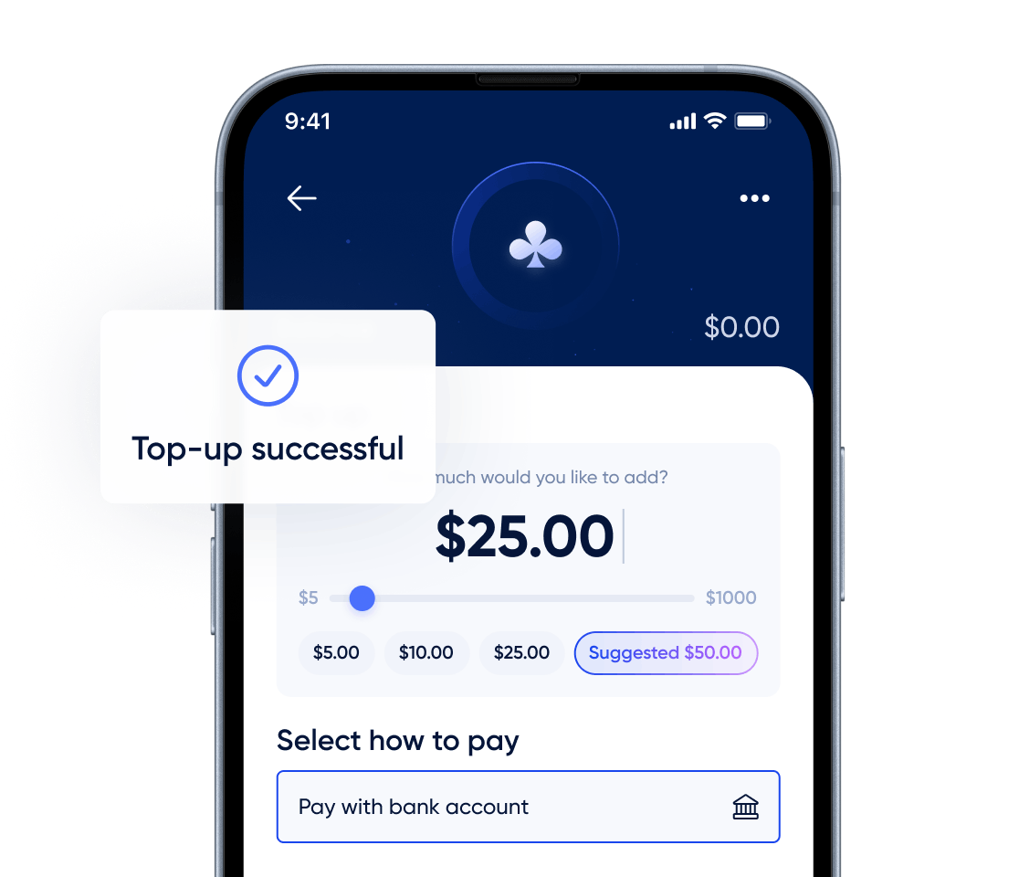 Mobile iGaming interface showing a successful $25 top-up using open banking. The screen demonstrates how account-to-account payments enable players to fund their gaming accounts instantly, securely, and without cards, improving the digital experience in the iGaming industry.