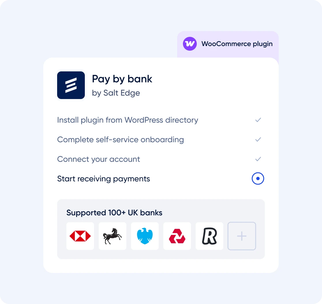 Salt Edge Pay by Bank WooCommerce plugin setup with self-service onboarding and support for 40+ UK banks.