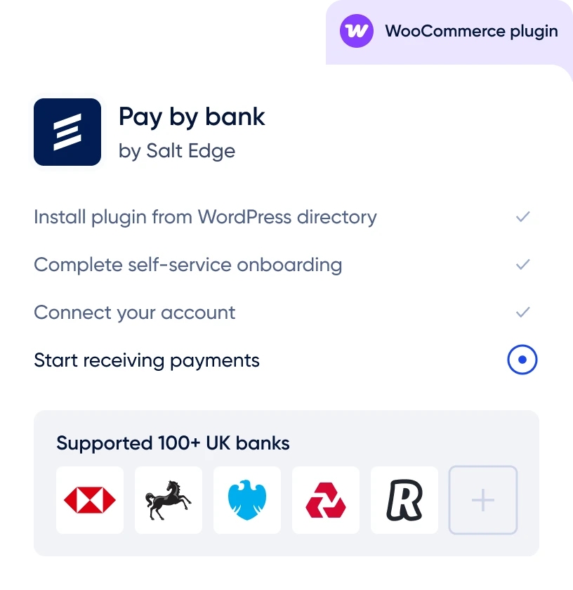 Salt Edge Pay by Bank WooCommerce plugin setup with self-service onboarding and support for 100+ UK banks.